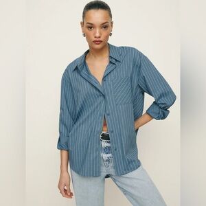 Reformation Will Oversized Button Down Long Sleeve Shirt Chambray Stripe Blue XL
